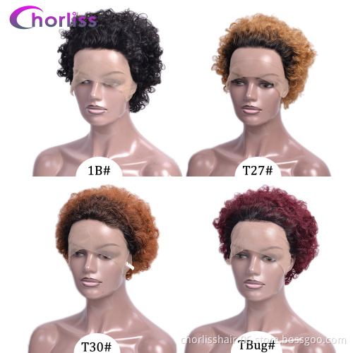 Wholesale Honey Brown Color Glueless Cheap Pixie Short Peruvian Hair Wig Kinky Curly Human Hair Lace Frontal Wig For Women